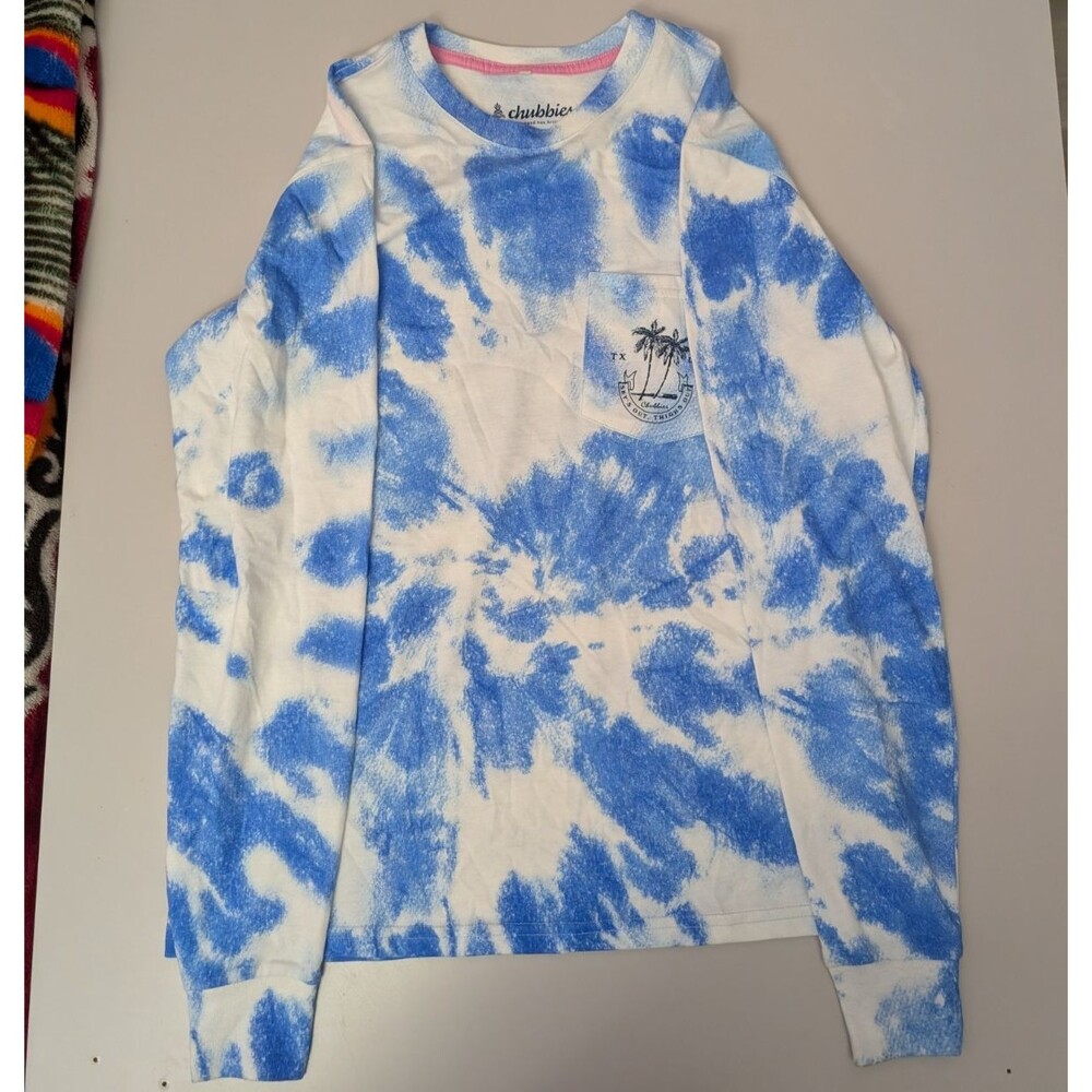 Chubbies Mens Small Blue Tie Dye Long Sleeve Pocket Graphic Tee Skys Out Thighs